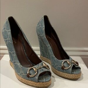 Gucci Denim Wedge Sandals with Gold Accents